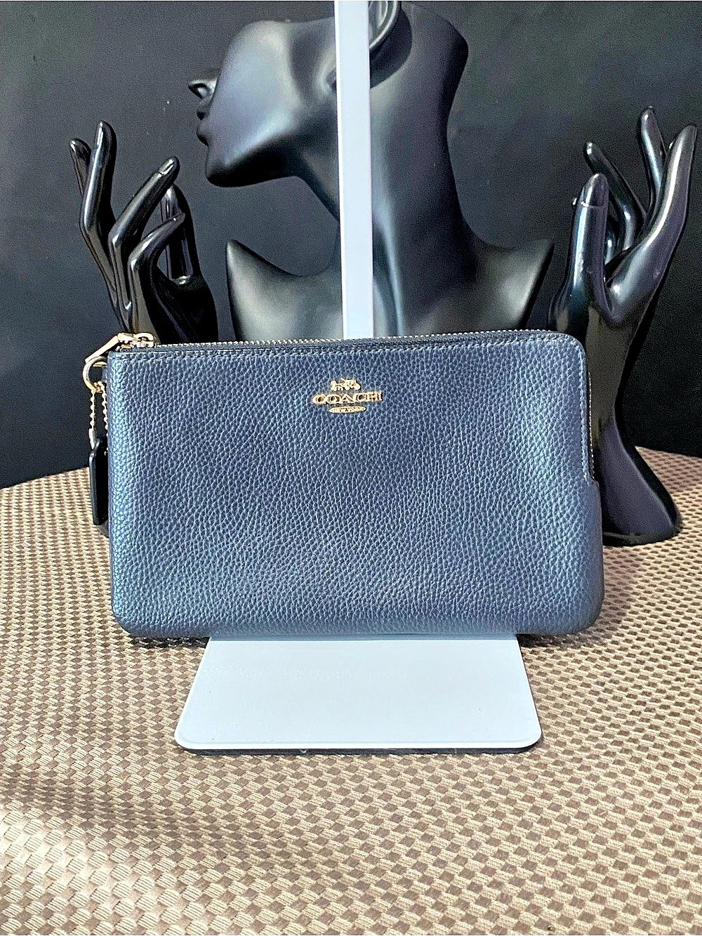 Coach Black Pebbled Leather Double Zip Wristlet Clutch Gold Hardware